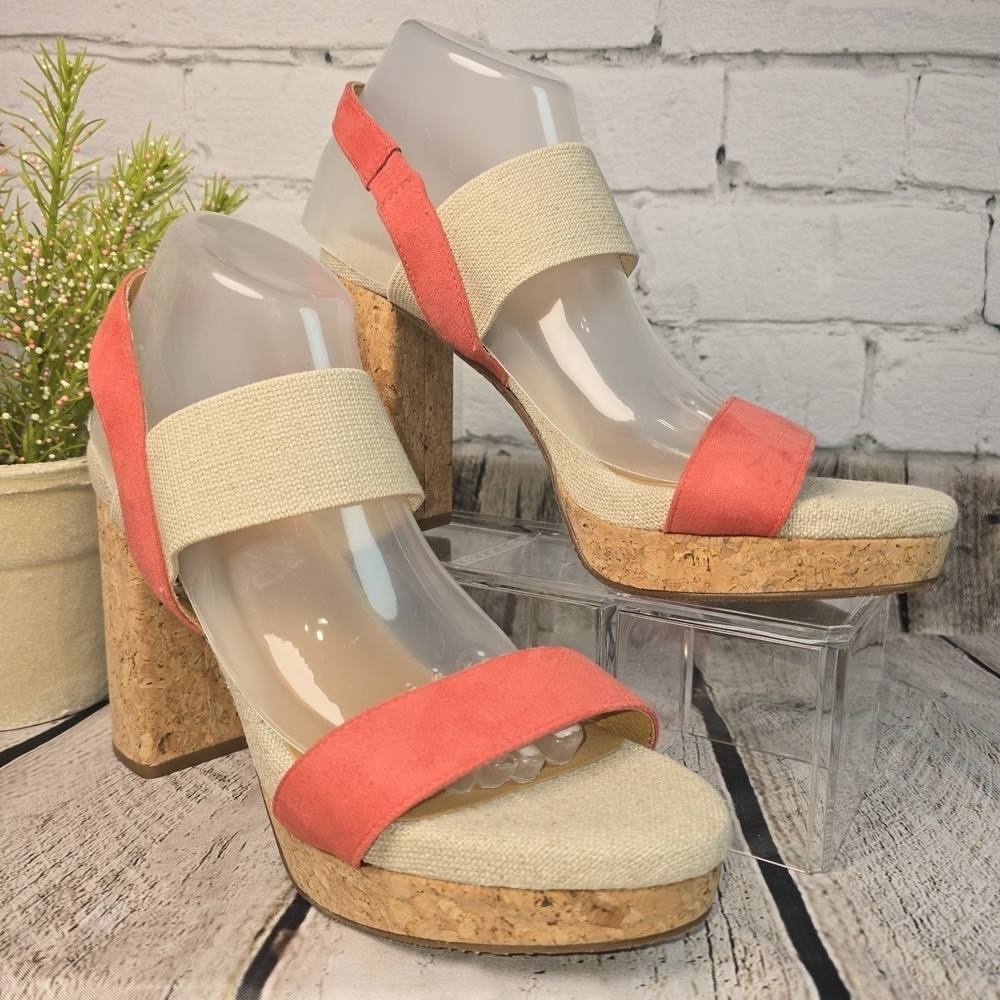 YELLOW BOX CORAL AND TAN STRAPPY CORK HEELS RESORTWEAR SUMMER WOMENS 9.5